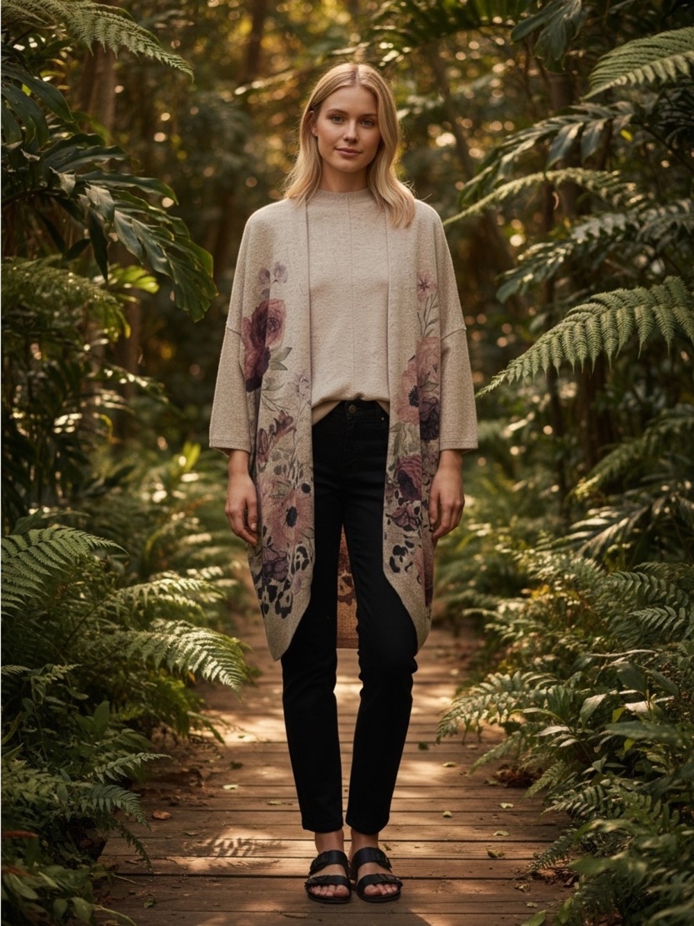 Light Beige Floral Open-Front Knit Cardigan